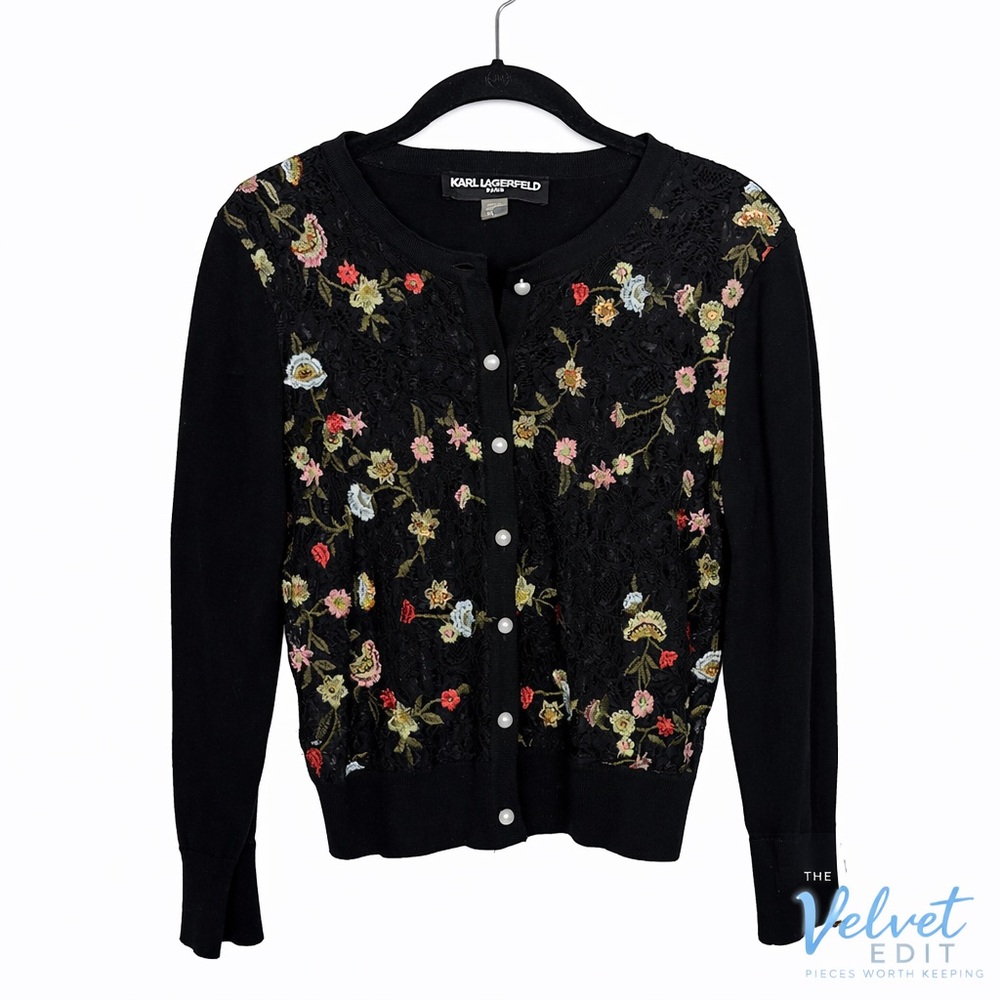 Karl Lagerfeld Paris Embroidered Lace Cardigan – Black | Size S